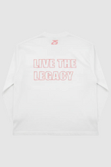 White sweatshirt with 'Live the Legacy' text on the back against a white background