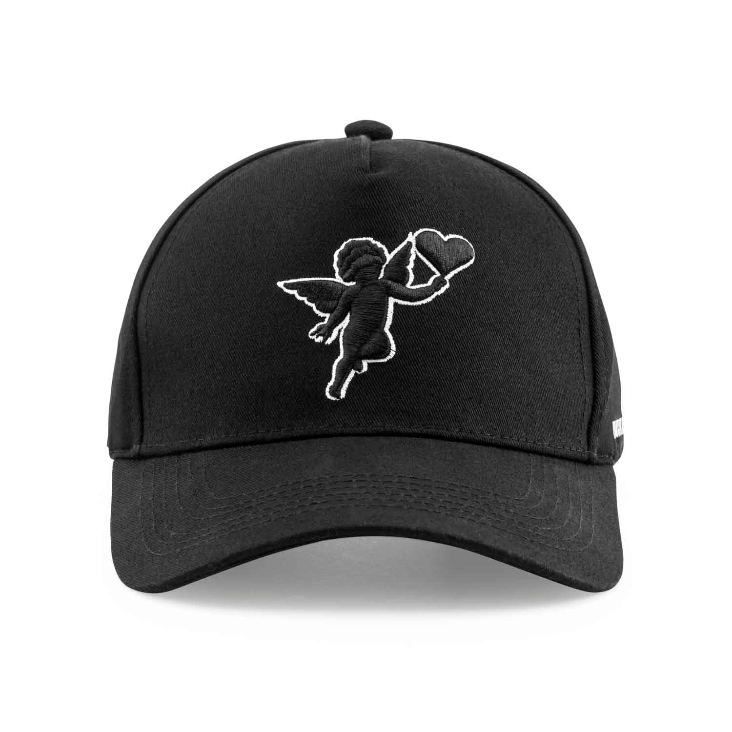 Black cap with white embroidered design on a white background